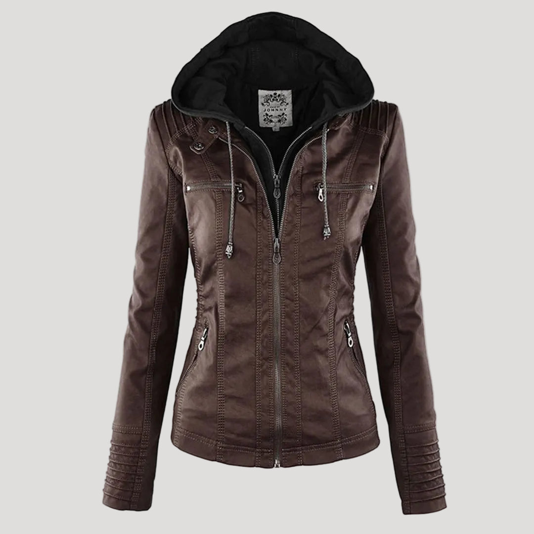 Faux Leather Moto Jacket Women – Removable Hood Zip-Up Biker Jacket