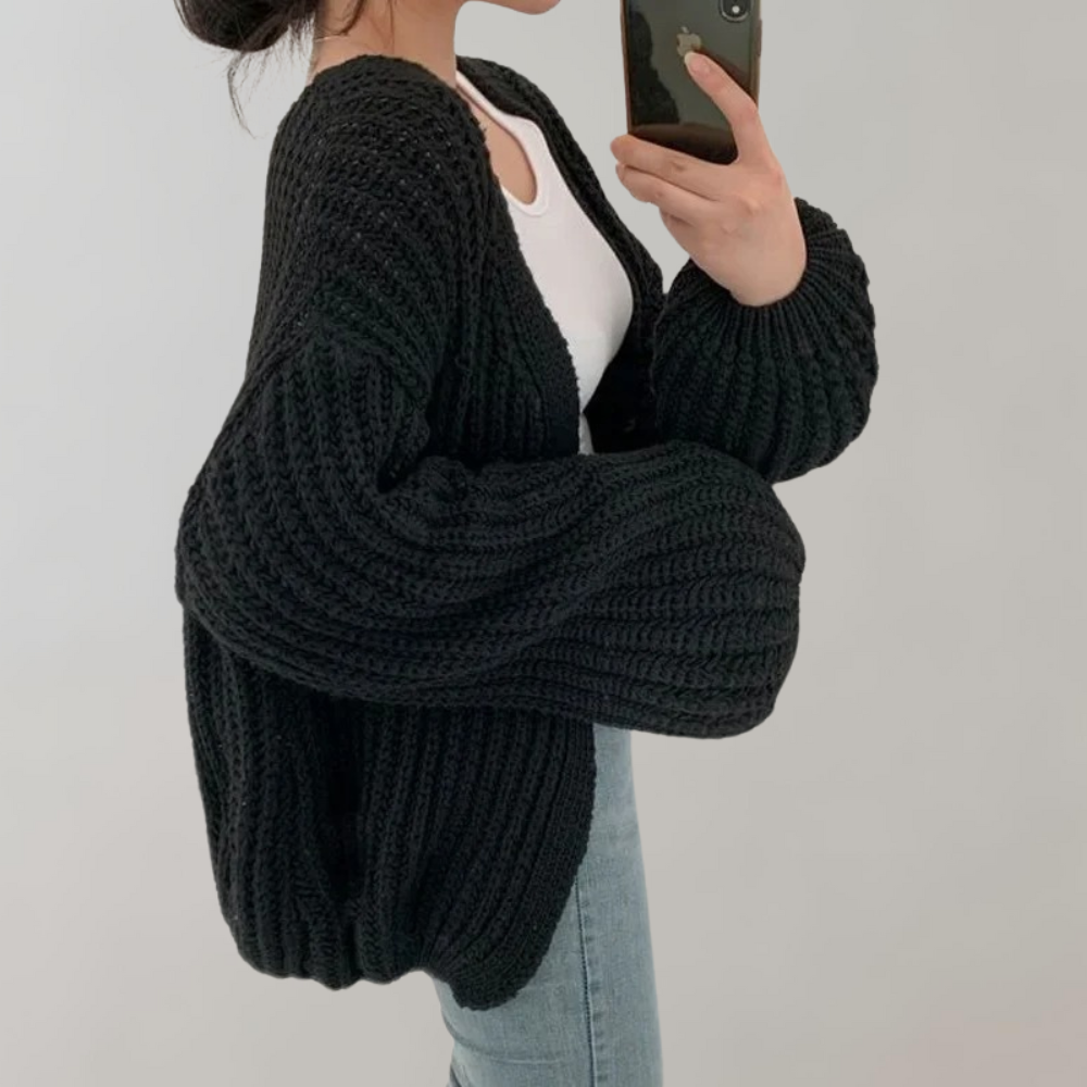 Chunky Knit Oversized Cardigan – Open Front Balloon Sleeve