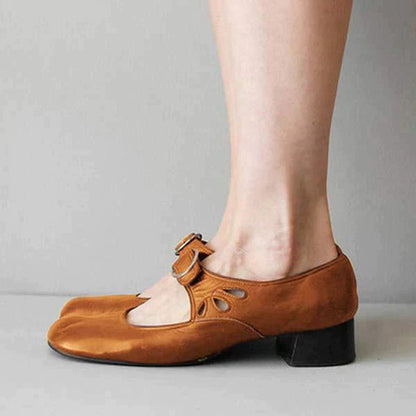 Women's Leather Mary Jane Pumps – Low Block Heel Buckle Strap Shoes