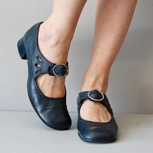 Women's Leather Mary Jane Pumps – Low Block Heel Buckle Strap Shoes