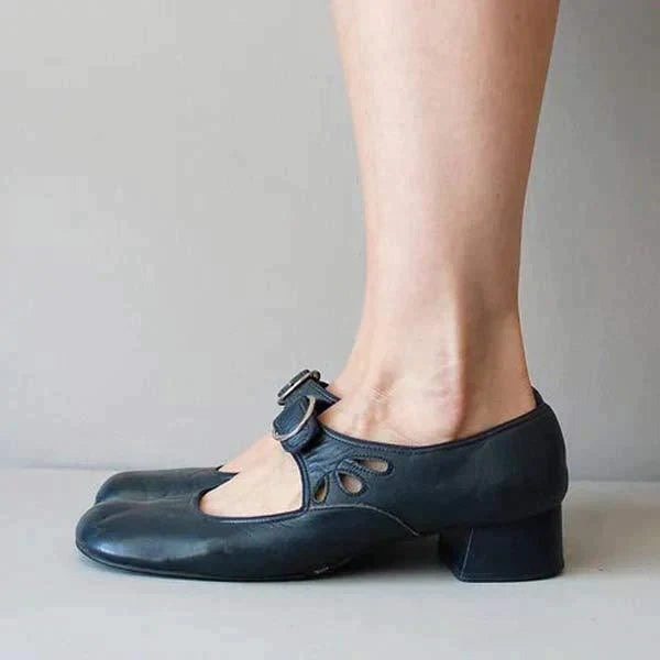 Women's Leather Mary Jane Pumps – Low Block Heel Buckle Strap Shoes