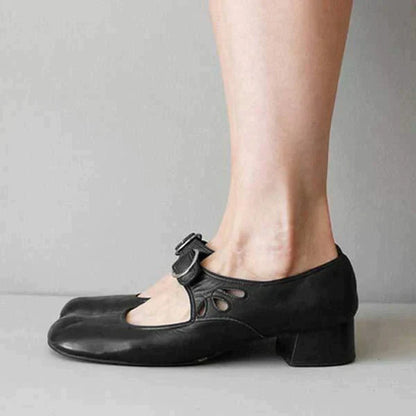 Women's Leather Mary Jane Pumps – Low Block Heel Buckle Strap Shoes