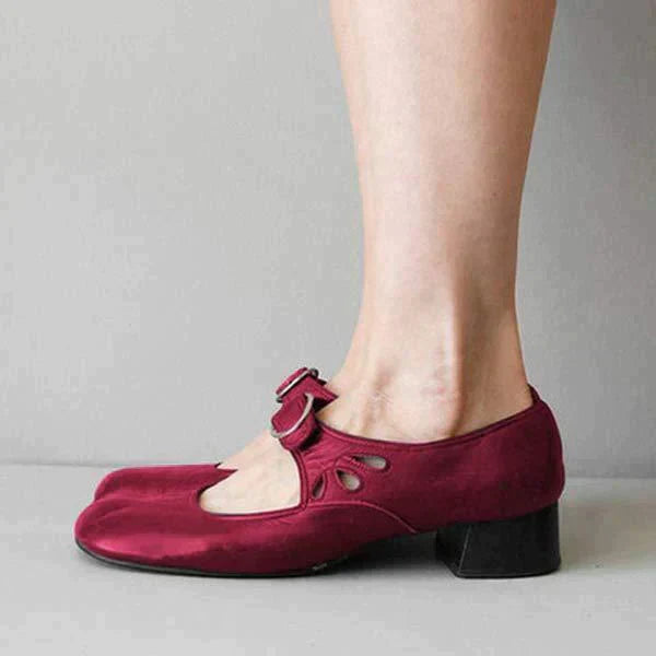 Women's Leather Mary Jane Pumps – Low Block Heel Buckle Strap Shoes