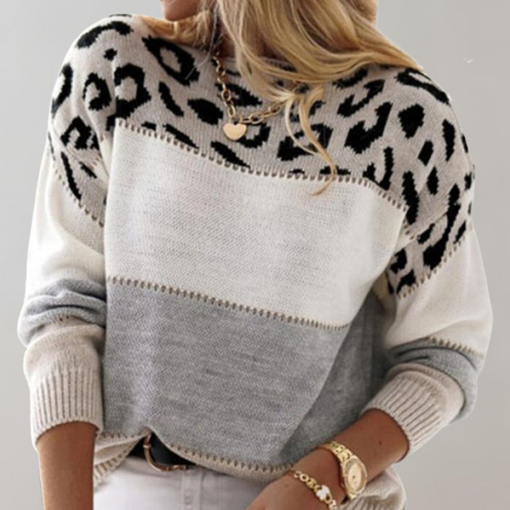 Leopard Print Color Block Knit Sweater – Long Sleeve Crew Neck Pullover