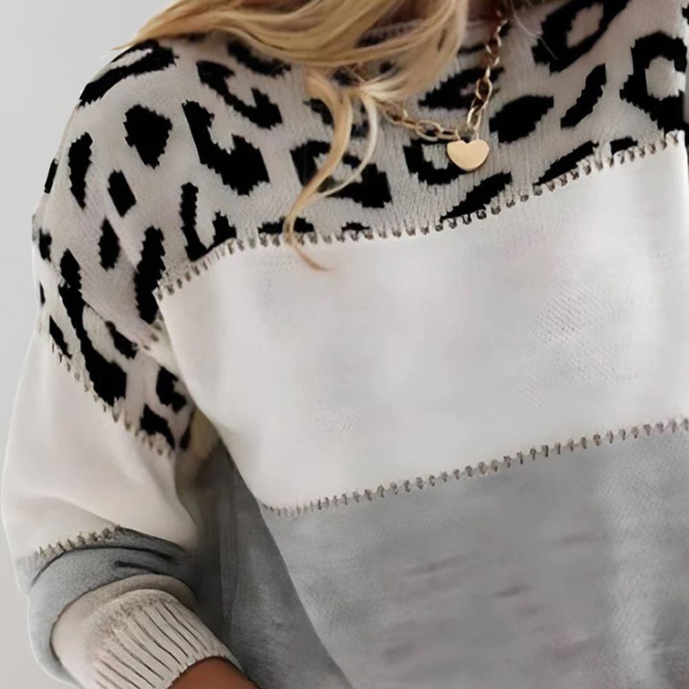 Leopard Print Color Block Knit Sweater – Long Sleeve Crew Neck Pullover