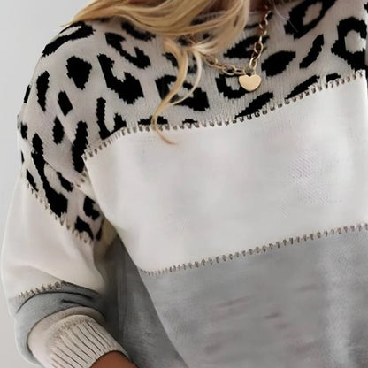 Leopard Print Color Block Knit Sweater – Long Sleeve Crew Neck Pullover