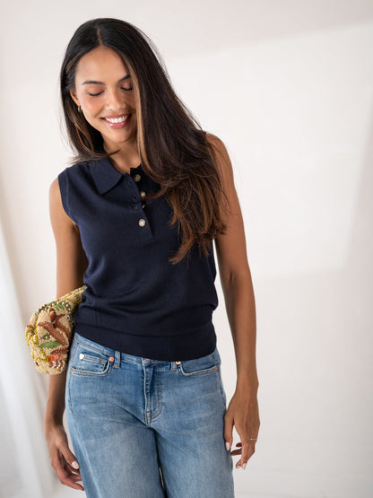 Women's Merino Wool Sweater Vest – Sleeveless Fine Knit Polo Neck Top
