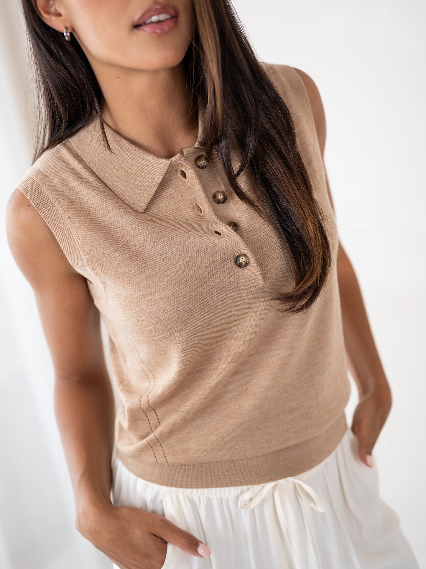 Women's Merino Wool Sweater Vest – Sleeveless Fine Knit Polo Neck Top
