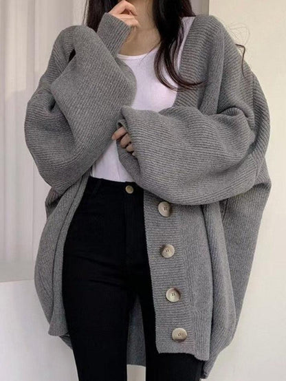 Ribbed Knit Oversized Cardigan – Button Front Long Sleeve