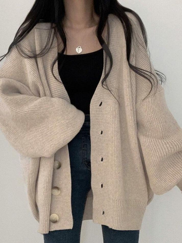 Ribbed Knit Oversized Cardigan – Button Front Long Sleeve