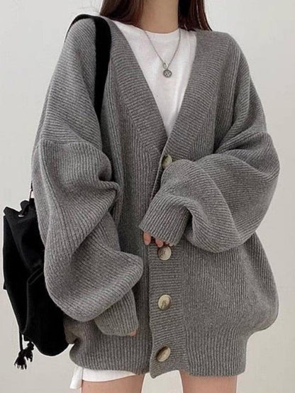 Ribbed Knit Oversized Cardigan – Button Front Long Sleeve