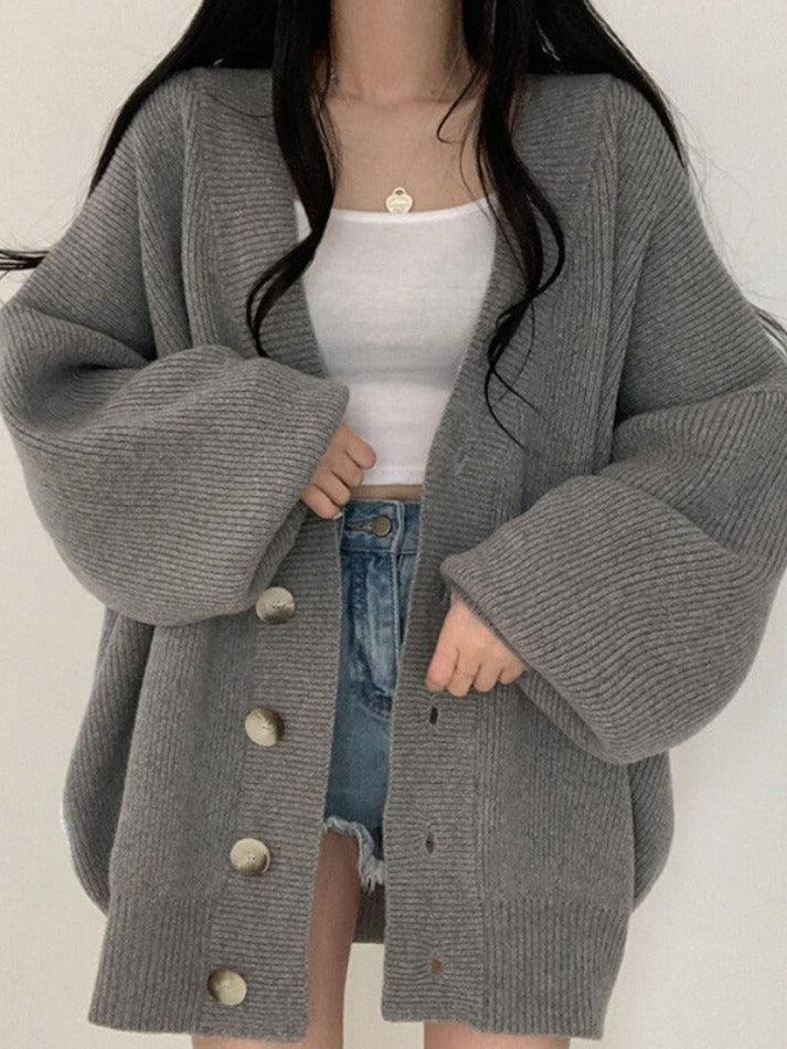 Ribbed Knit Oversized Cardigan – Button Front Long Sleeve