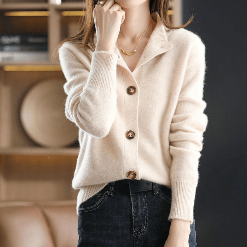 Cashmere Button-Front Cardigan – Collared Long Sleeve Knit Sweater