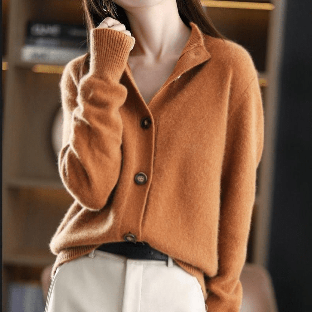 Cashmere Button-Front Cardigan – Collared Long Sleeve Knit Sweater