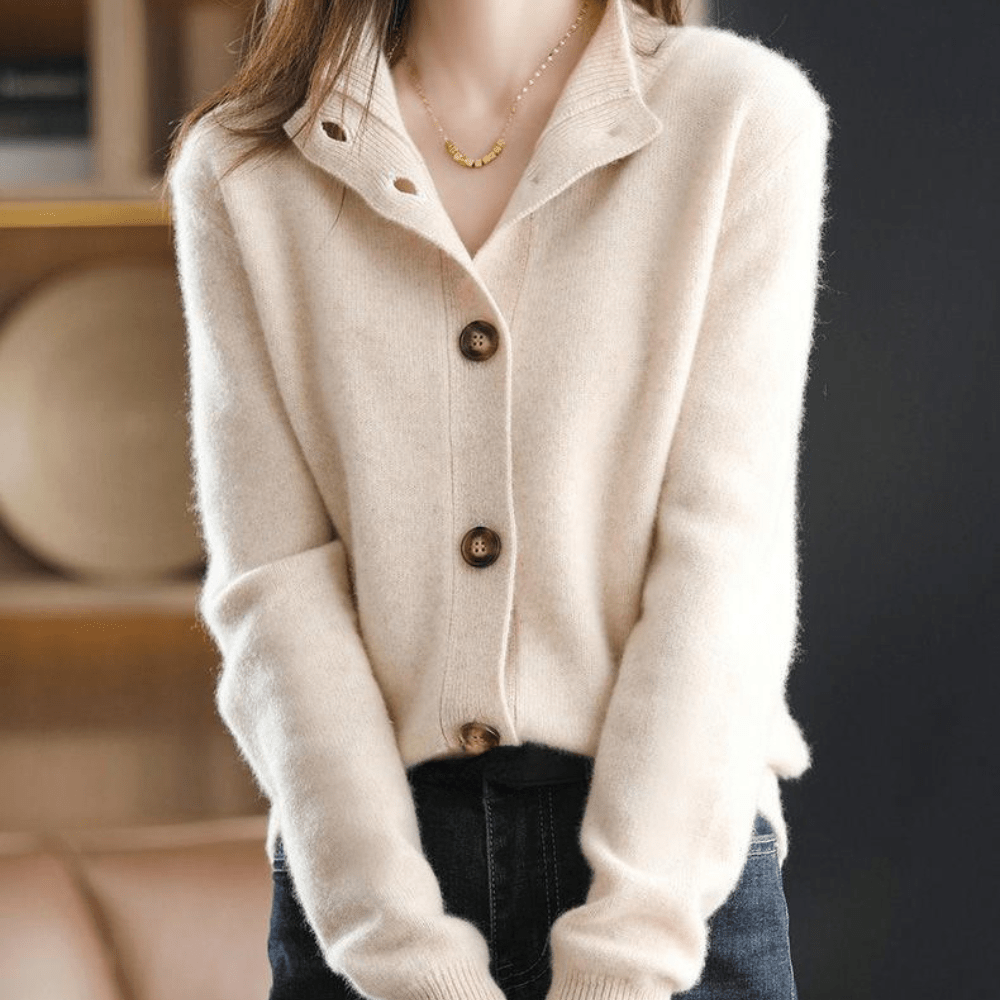 Cashmere Button-Front Cardigan – Collared Long Sleeve Knit Sweater
