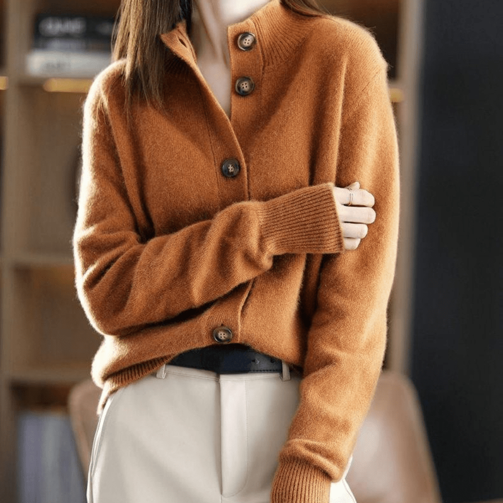 Cashmere Button-Front Cardigan – Collared Long Sleeve Knit Sweater