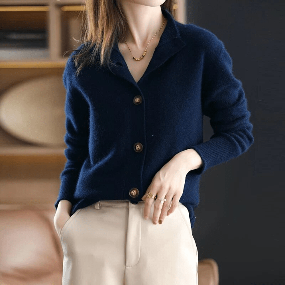 Cashmere Button-Front Cardigan – Collared Long Sleeve Knit Sweater