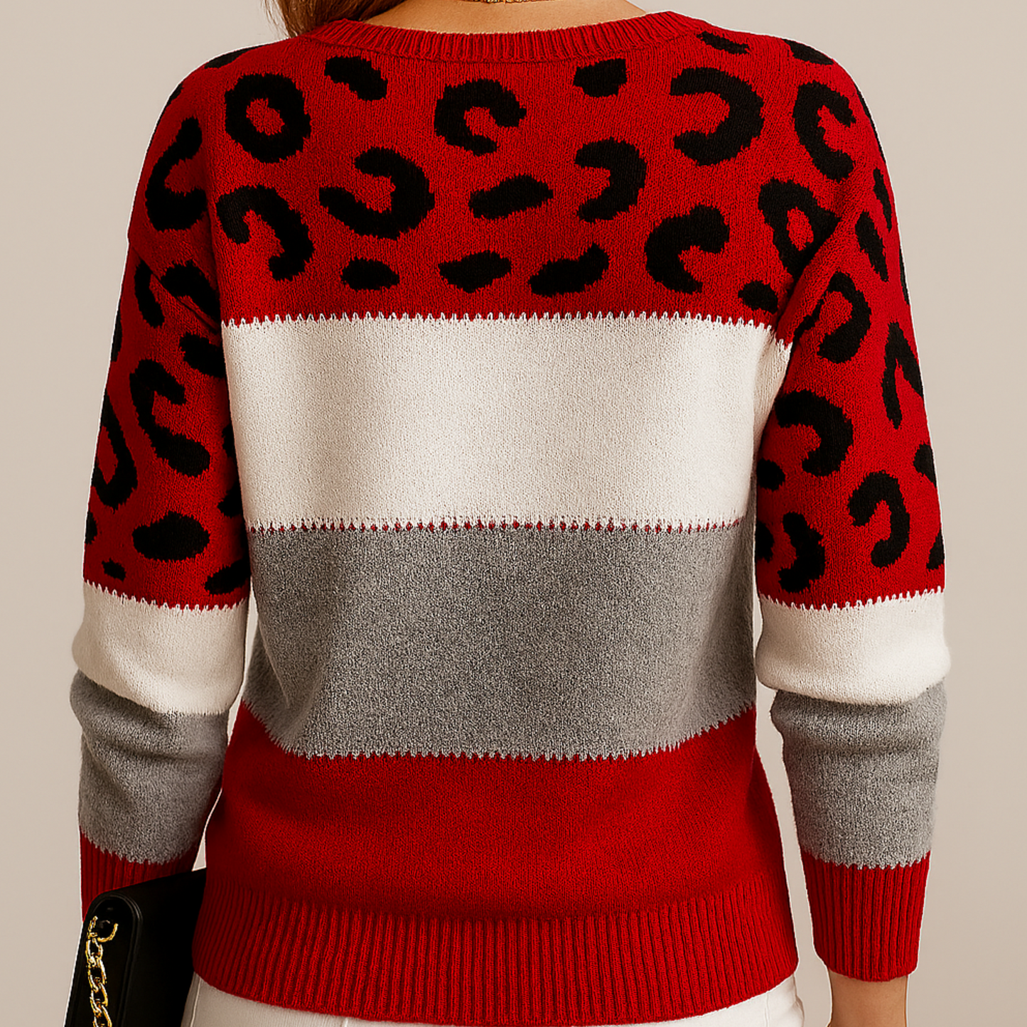 Leopard Print Color Block Knit Sweater – Long Sleeve Crew Neck Pullover