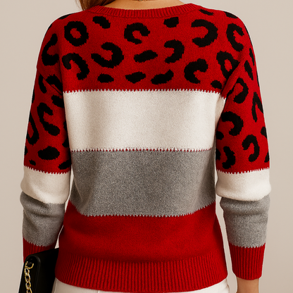 Leopard Print Color Block Knit Sweater – Long Sleeve Crew Neck Pullover