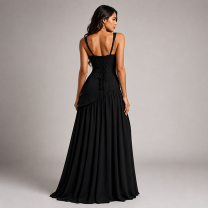 Draped Maxi Dress – Square Neck Sculpted Bodice Side Slit