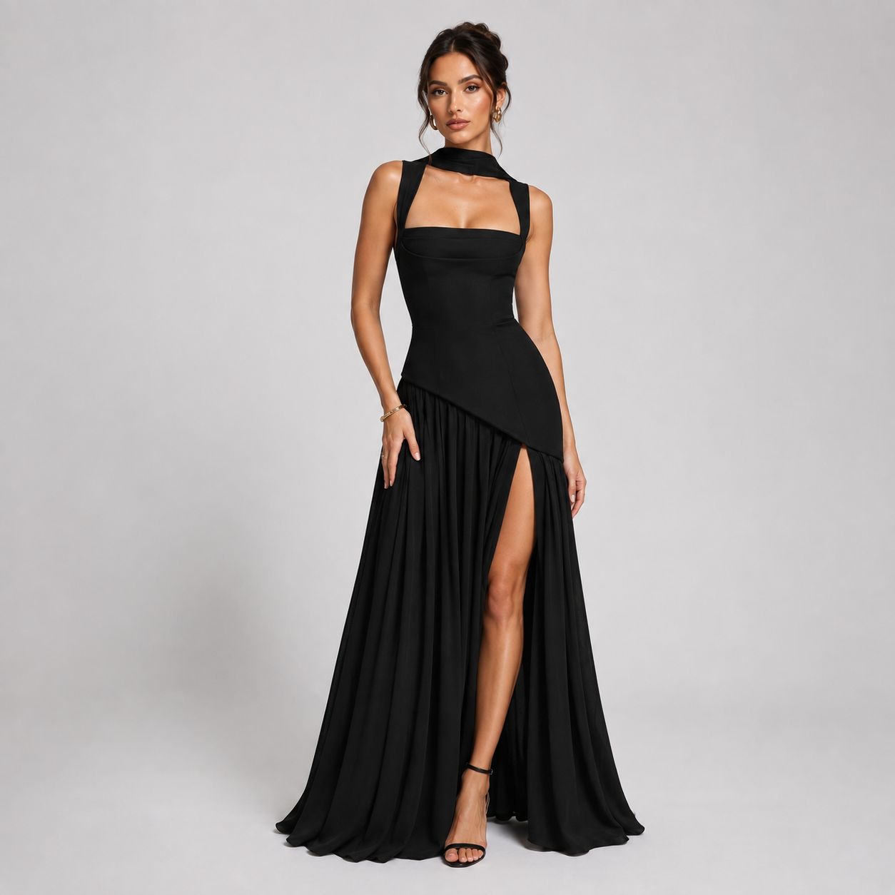 Draped Maxi Dress – Square Neck Sculpted Bodice Side Slit