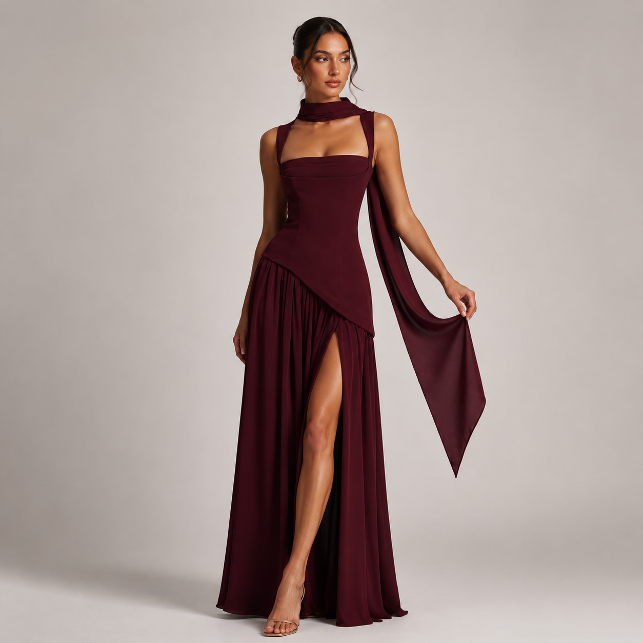 Draped Maxi Dress – Square Neck Sculpted Bodice Side Slit