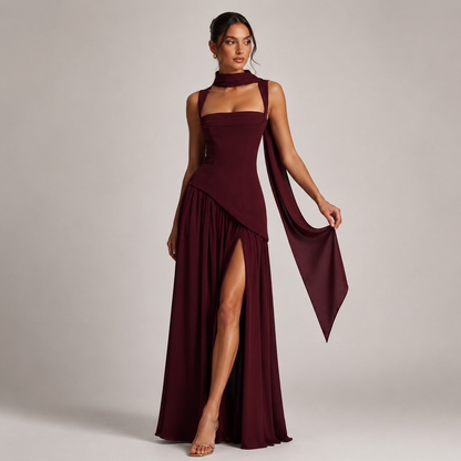 Draped Maxi Dress – Square Neck Sculpted Bodice Side Slit