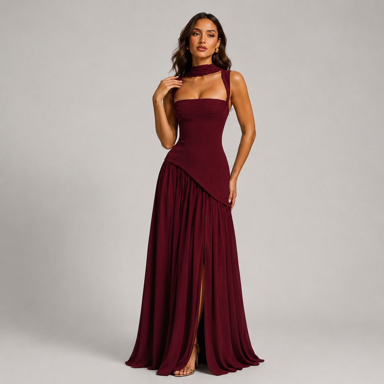Draped Maxi Dress – Square Neck Sculpted Bodice Side Slit
