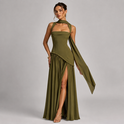 Draped Maxi Dress – Square Neck Sculpted Bodice Side Slit
