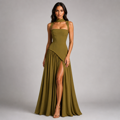 Draped Maxi Dress – Square Neck Sculpted Bodice Side Slit