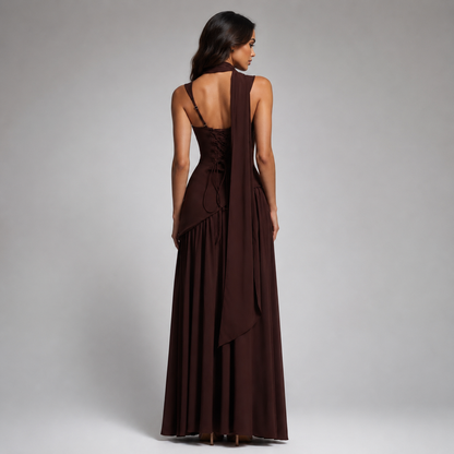 Draped Maxi Dress – Square Neck Sculpted Bodice Side Slit