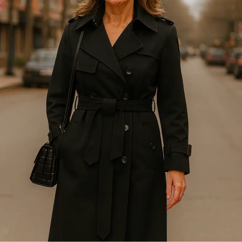 Double Breasted Long Trench Coat – Belted Lapel Coat for Women