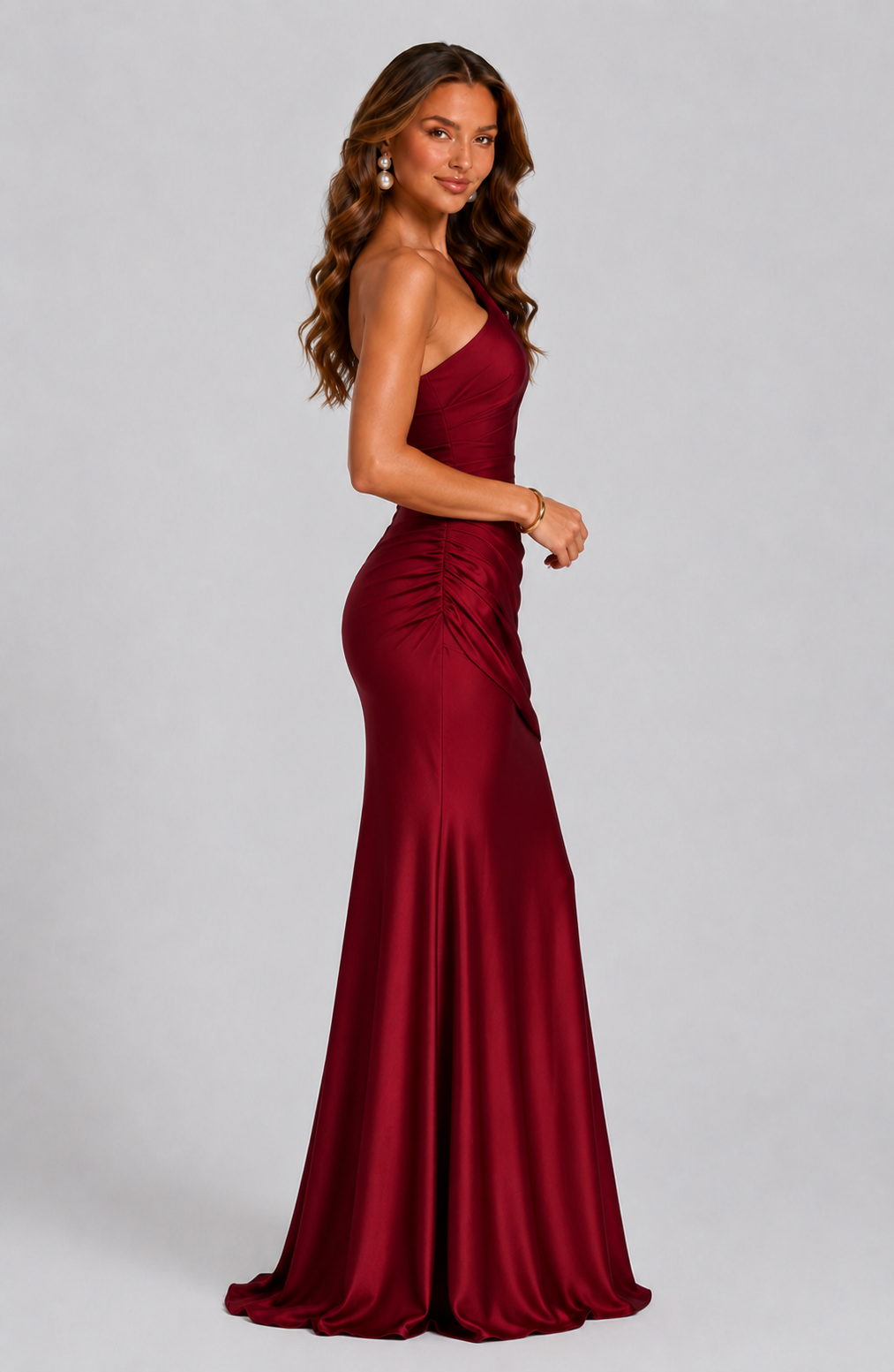 One Shoulder Satin Maxi Dress – Ruched Bodycon Wedding Guest Gown