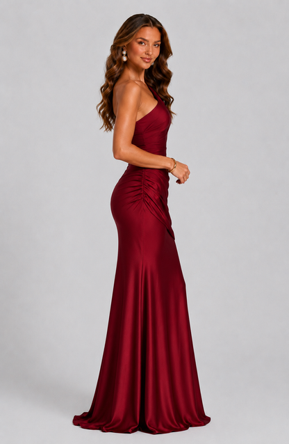 One Shoulder Satin Maxi Dress – Ruched Bodycon Wedding Guest Gown