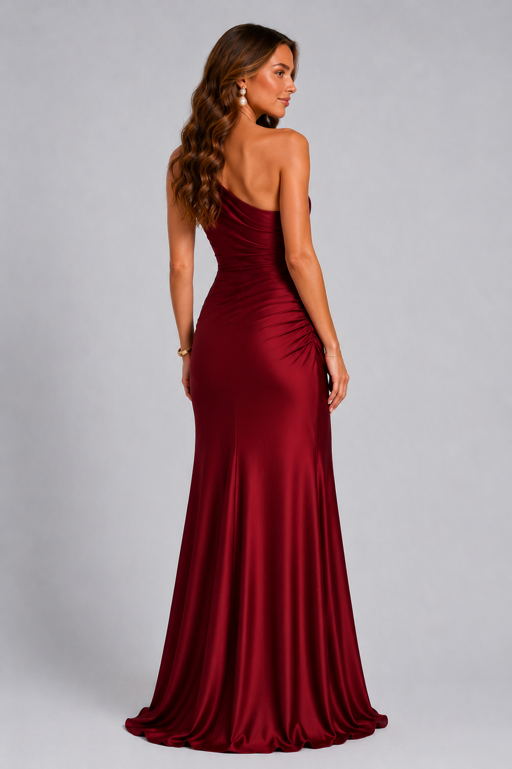 One Shoulder Satin Maxi Dress – Ruched Bodycon Wedding Guest Gown