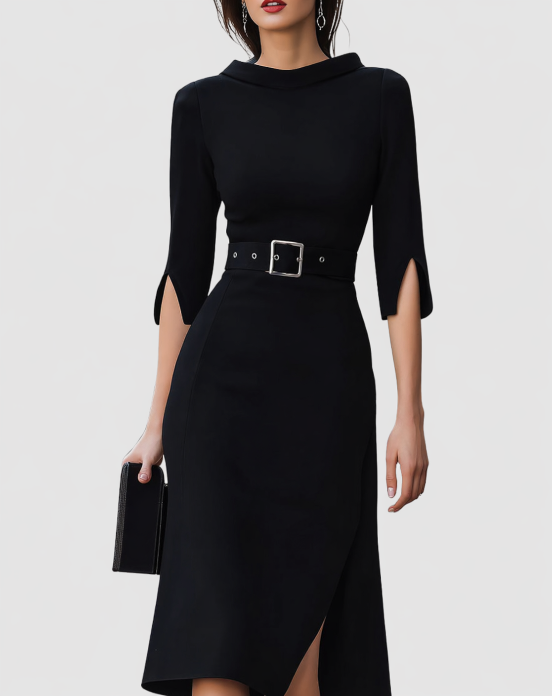 Black Belted Midi Dress – Half Sleeve Front Slit Office Dress