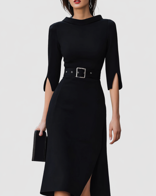 Black Belted Midi Dress – Half Sleeve Front Slit Office Dress