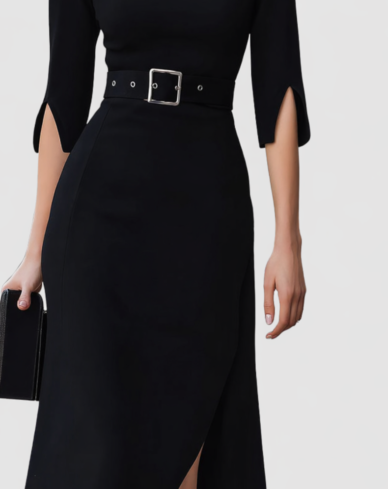 Black Belted Midi Dress – Half Sleeve Front Slit Office Dress