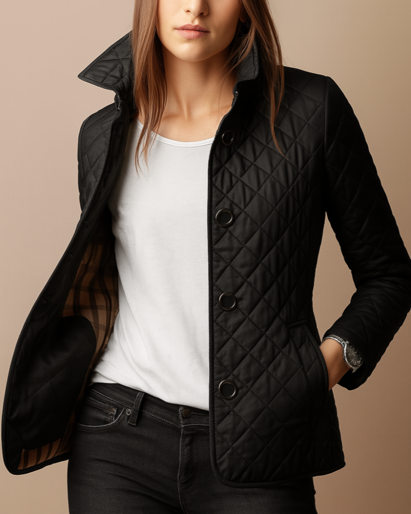 Diamond Quilted Jacket Women – Button-Front Stand Collar Insulated Jacket
