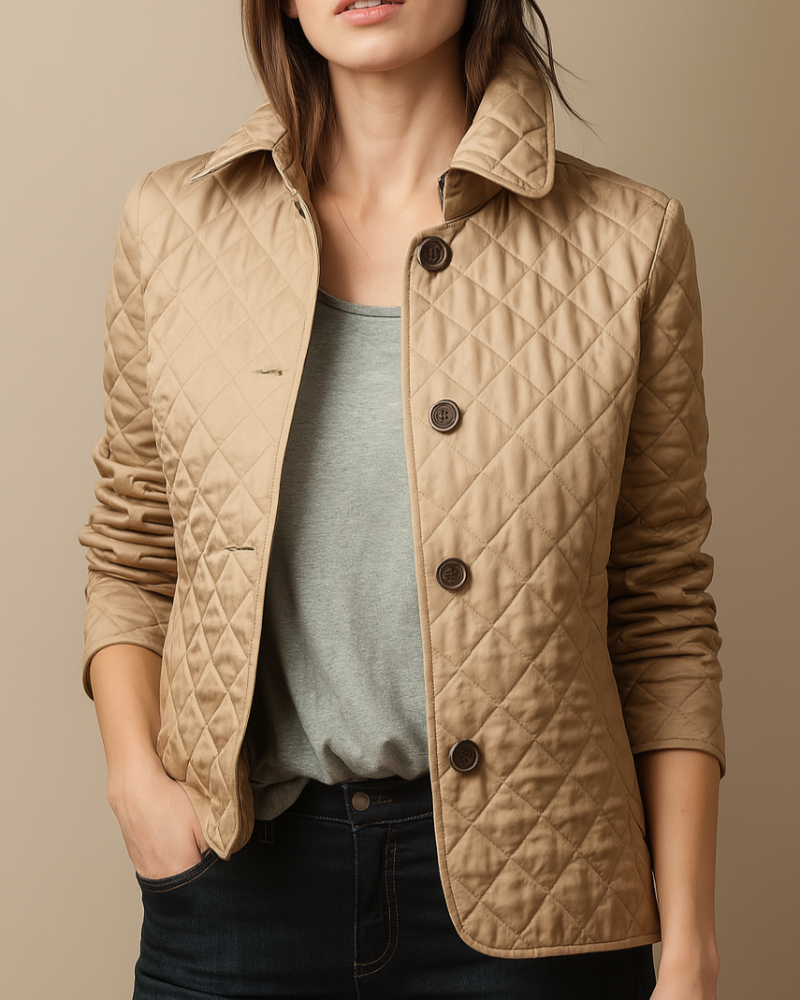 Diamond Quilted Jacket Women – Button-Front Stand Collar Insulated Jacket