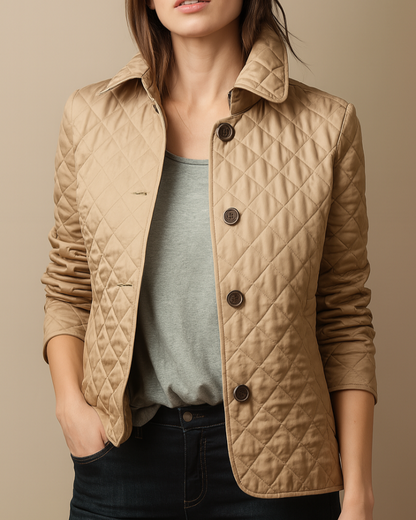 Diamond Quilted Jacket Women – Button-Front Stand Collar Insulated Jacket