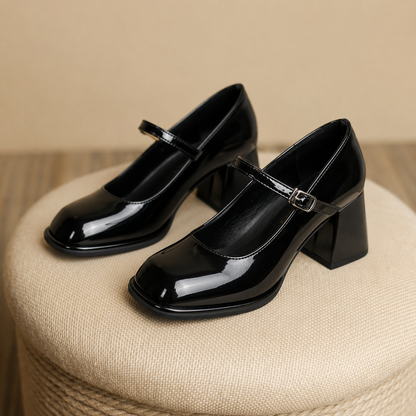 Patent Mary Jane Block Heel Pumps – Square Toe Ankle Strap