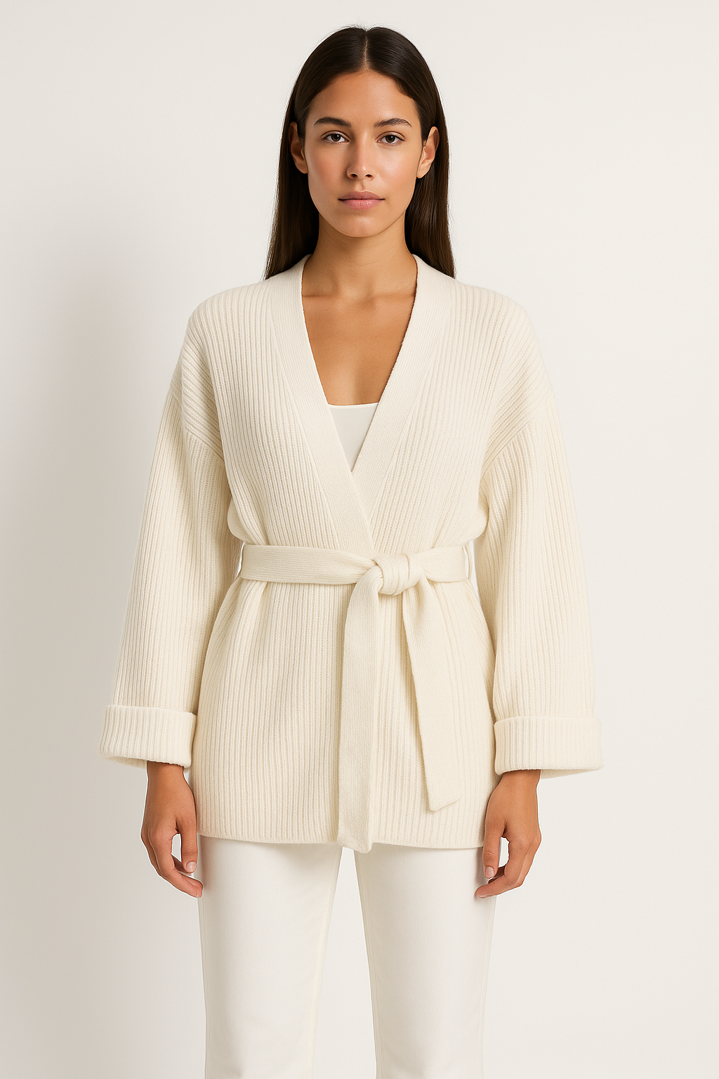 Ribbed Wrap Cardigan – Belted Knit Open-Front Sweater
