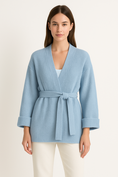 Ribbed Wrap Cardigan – Belted Knit Open-Front Sweater
