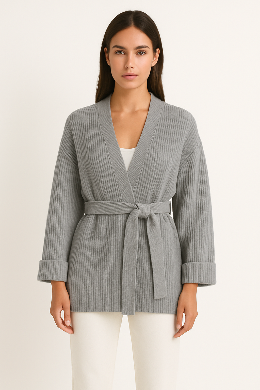 Ribbed Wrap Cardigan – Belted Knit Open-Front Sweater
