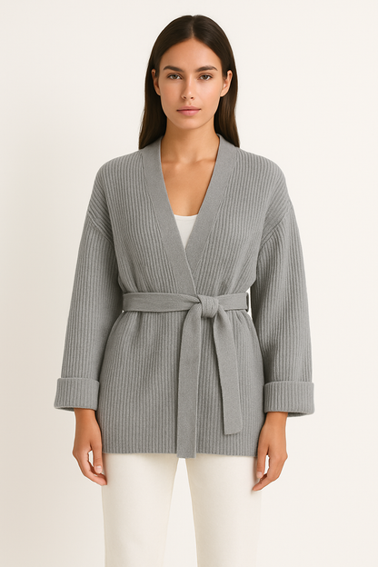 Ribbed Wrap Cardigan – Belted Knit Open-Front Sweater