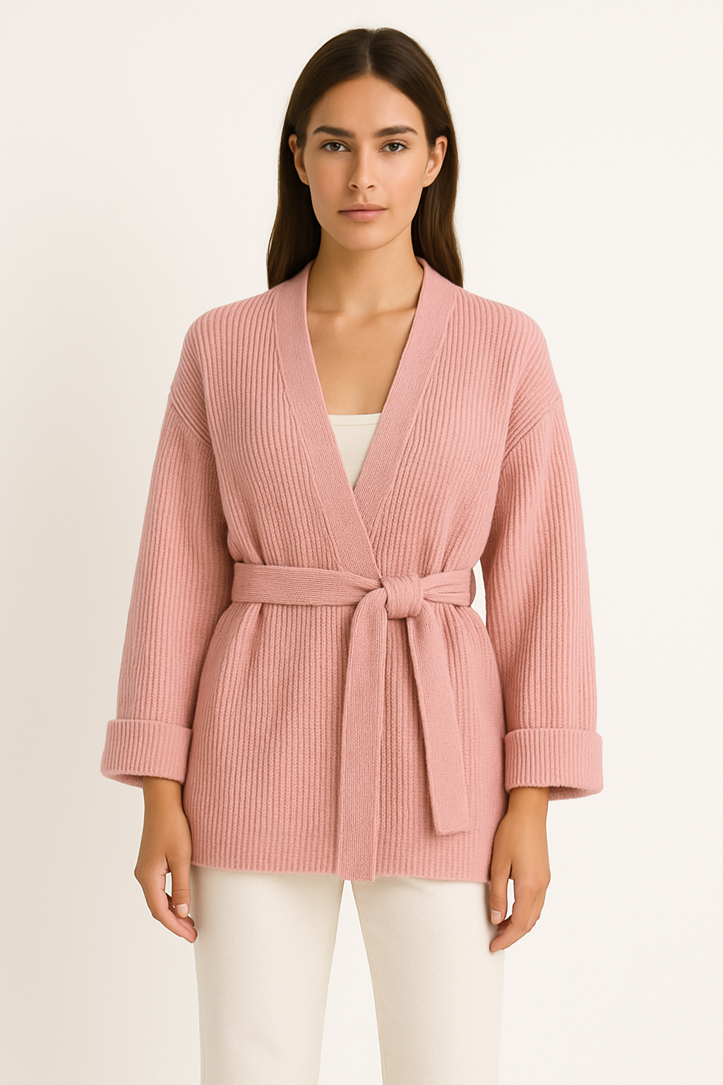 Ribbed Wrap Cardigan – Belted Knit Open-Front Sweater