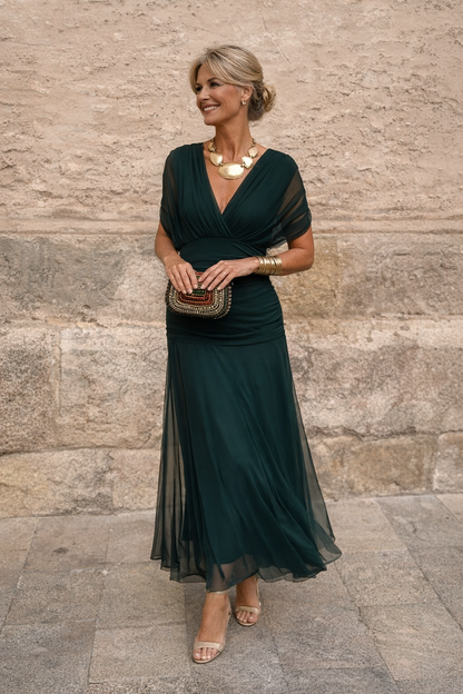 Chiffon Ruched Waist Maxi Dress – Wrap V-Neck Wedding Guest Dress
