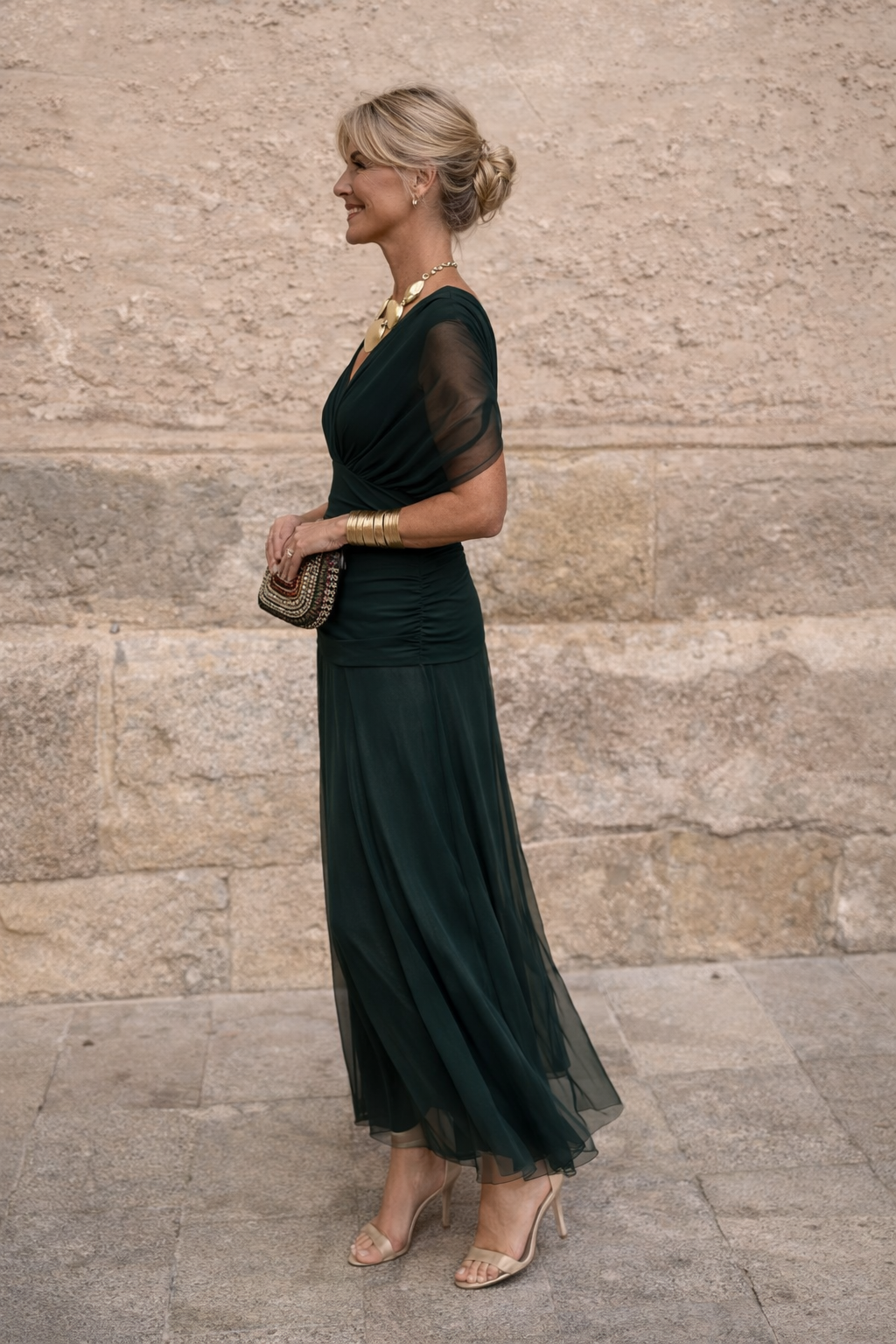 Chiffon Ruched Waist Maxi Dress – Wrap V-Neck Wedding Guest Dress