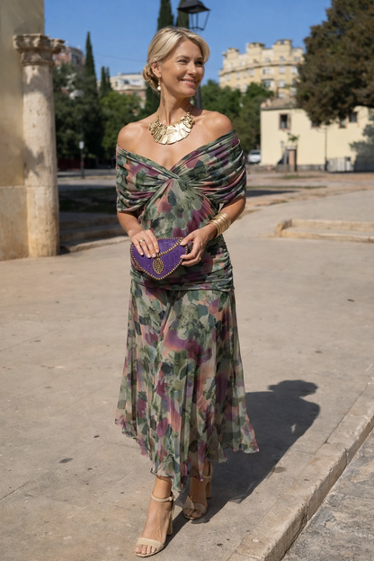 Chiffon Ruched Waist Maxi Dress – Wrap V-Neck Wedding Guest Dress